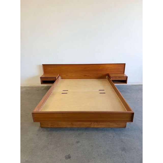 Headboard W103 D84 H29.5 Nightstands W18.75 D15 H17 Interior bed W61.25 D80.5 H8-12 Danish Modern platform restored both...