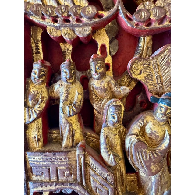 This exquisite antique Chinese gilt-wood wall panel is a remarkable example of traditional Chinese craftsmanship,...