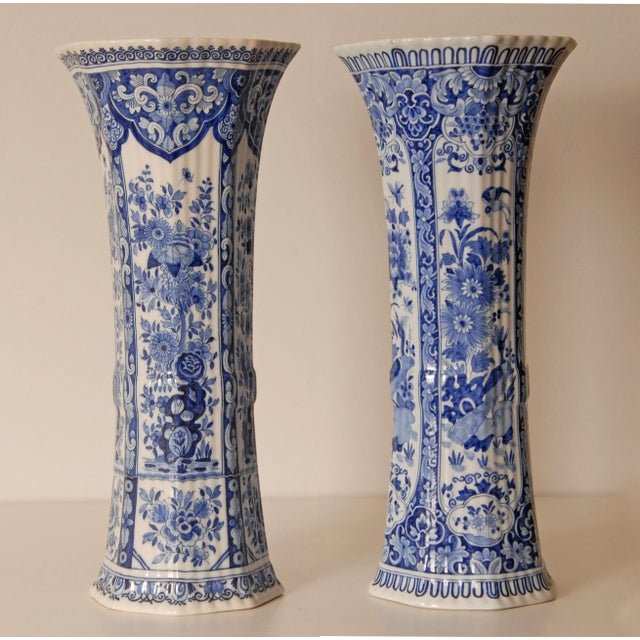 Antique Pair of 19th-Century Delft Blue & White Beaker Vases by Boch Freres– Chinoiserie Design Offered for sale is a...