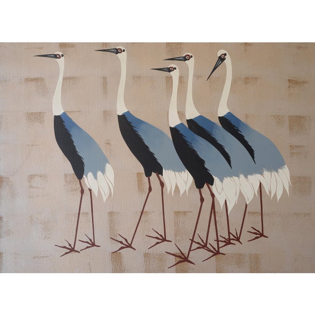 Vintage Mid Century Japanese Cranes Painting Signed Campos For Sale - Image 4 of 14