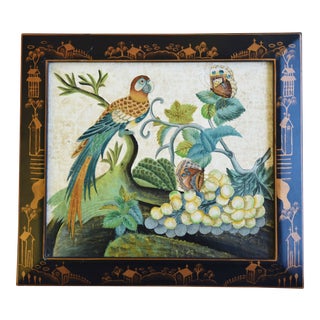 Vintage Chinoiserie Painting of Fruit, Parrot and Butterfly For Sale