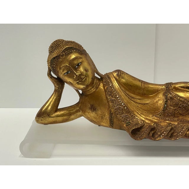 Asian Hand Carved Giltwood Reclining Buddha on Custom Lucite Base For Sale - Image 3 of 11