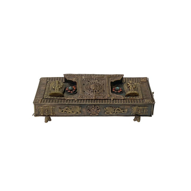 Chinese Metal Rectangular Beads Dimensional Motif Incense Burner Container For Sale - Image 11 of 11