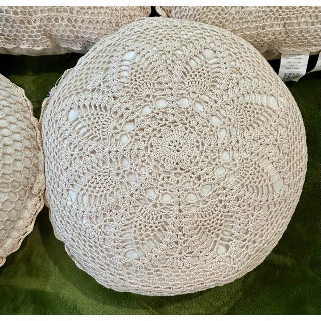Shabby Chic Vintage Set of 6 Ivory Cotton Crochet Lace Flower Accent Pillows For Sale - Image 3 of 9