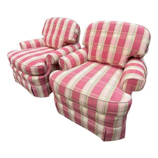 A Pair of Custom Pink Plaid Pleated Skirt Lounge Chairs With Rolled Arms For Sale