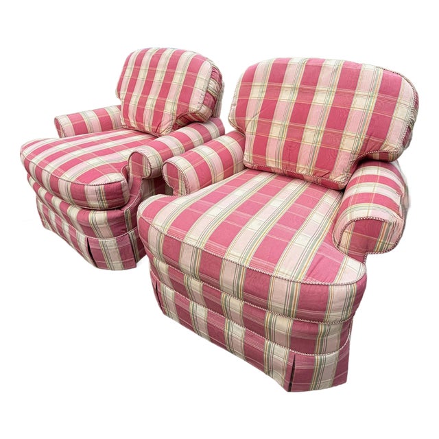 A Pair of Custom Pink Plaid Pleated Skirt Lounge Chairs With Rolled Arms For Sale