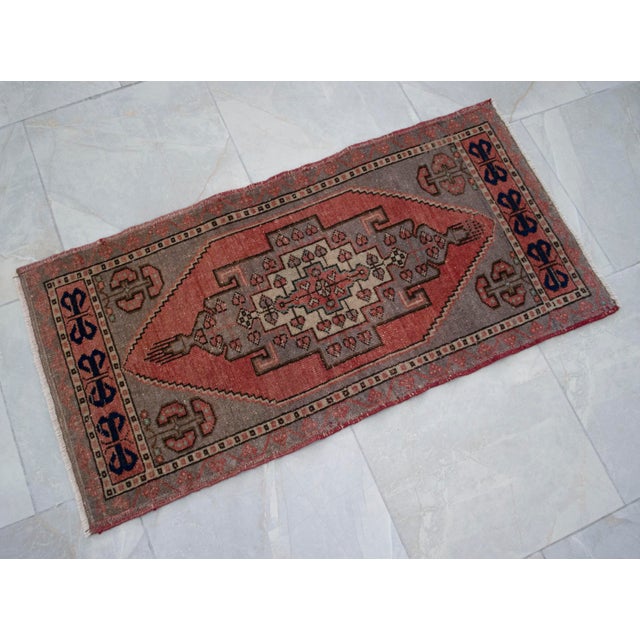 Small Rug Hand Knotted Distressed Oushak Rug Yastik - 21'' X 41'' For Sale - Image 14 of 14