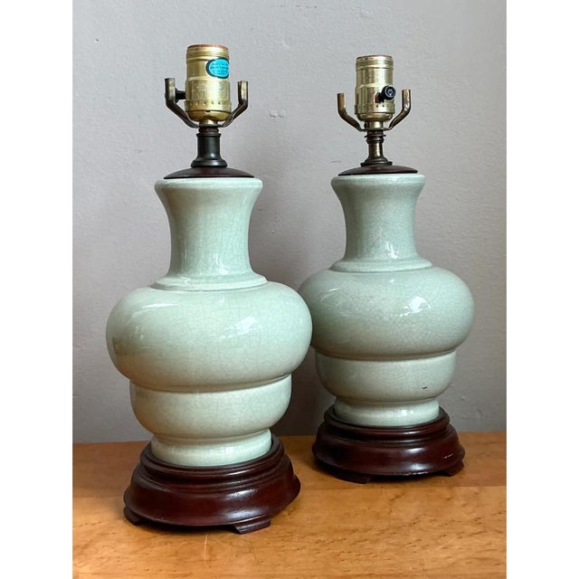 Vintage Celedon Crackle Glazed Ceramic Table Lamps - a Pair For Sale - Image 4 of 12