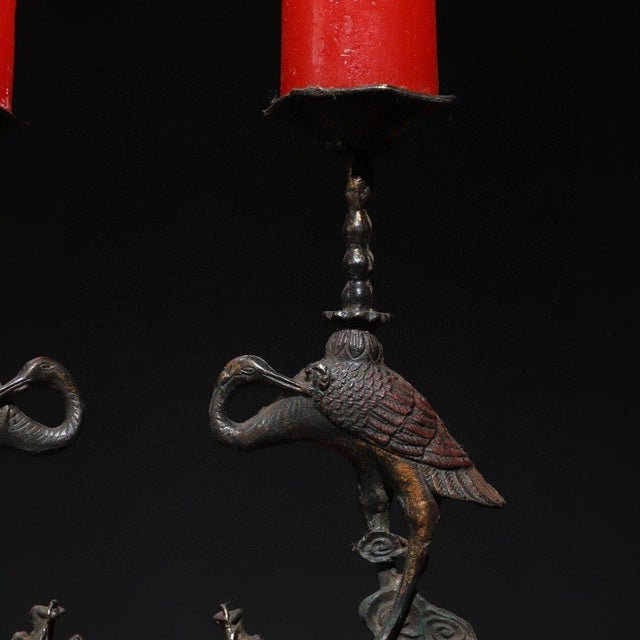 Late 19th Century Pair of Gilt Bronze Crane & Turtle Candle Holders - "Turtle & Crane Longevity" For Sale - Image 9 of 9