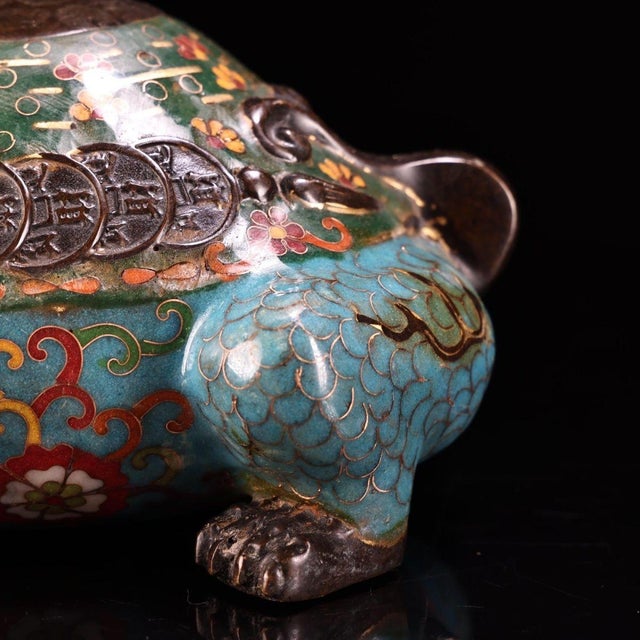 Pair of Antique Cloisonné Dragon-Turtle Figurines, 6000g Total, Enamel For Sale - Image 10 of 10