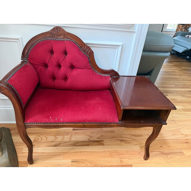 Wood Vintage Mid-Century Louis XV Style Telephone Gossip Bench in Red Upholstery For Sale - Image 7 of 8
