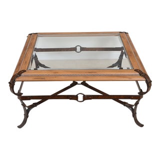 1980s Adnet Hermes Style Faux Leather Equestrian Saddle Strap Design Iron Base Decorative Coffee Table For Sale