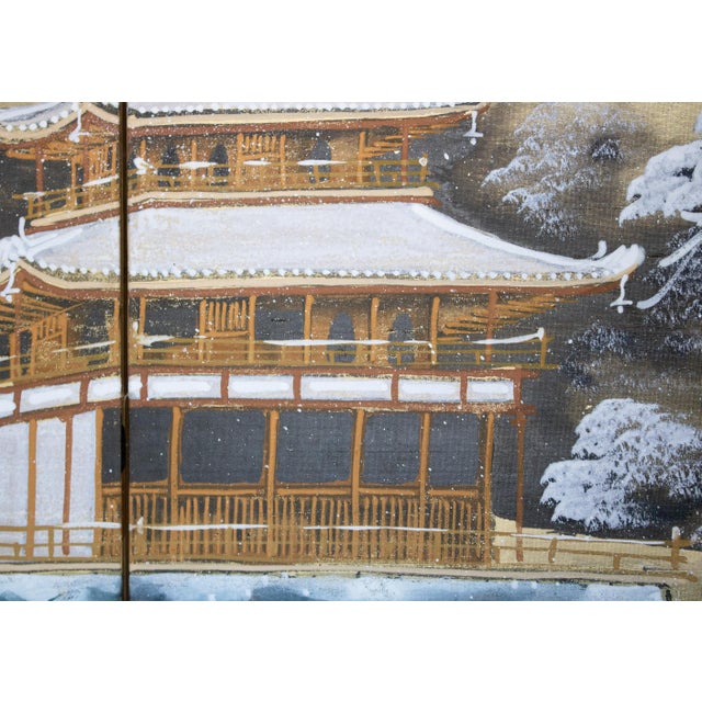 Wood 1960s "Winter Landscape With Temple", Showa Era Japanese Silk Byobu Screen For Sale - Image 7 of 18