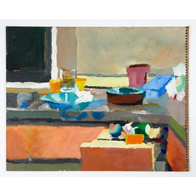 Circa late 20th century oil on artist board abstract view of kitchen counter by Marilyn Lanfear (1930-2020) Texas....