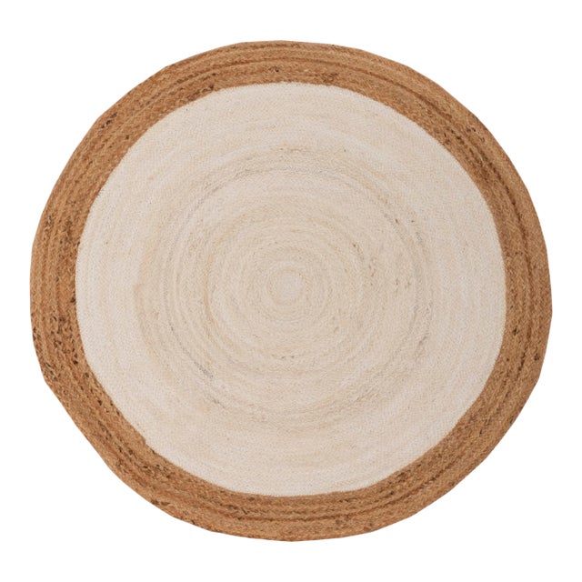 White Jute Round Hand Made Braided Style Boho Rug 8 Foot For Sale