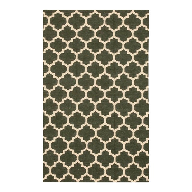 9x12 Green Flat Weave Wool Lattice Trellis Geometric Modern Carpet Rug For Sale