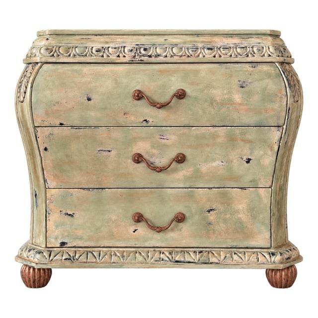 French Provincial Hand Painted Chest of Drawers — Distressed Celadon Finish For Sale