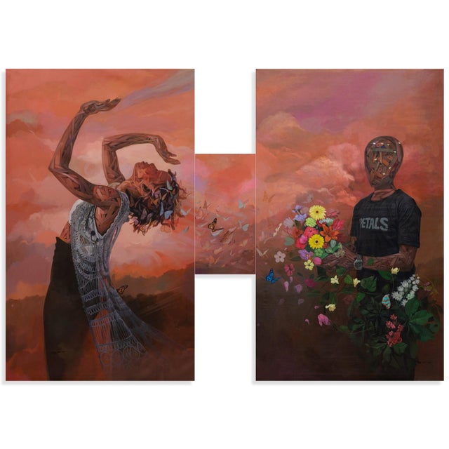 Hinges by Ifeoluwa Alade | Acrylic and Glow in the Dark Medium on Canvas Featuring Figures and Flowers For Sale