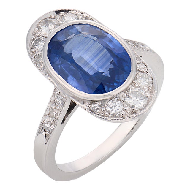 1960s French Gia 3.40 Carat Ceylon Sapphire Diamond 18k White Gold Cocktail Ring, Size 6.25 For Sale