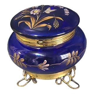Antique Bohemian Moser Hand Painted Floral Enamel Brass Cobalt Blue Trinket Box For Sale