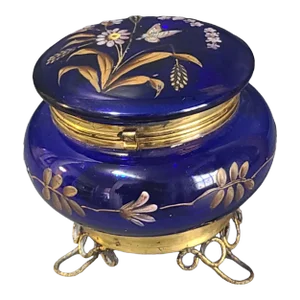 Antique Bohemian Moser Hand Painted Floral Enamel Brass Cobalt Blue Trinket Box