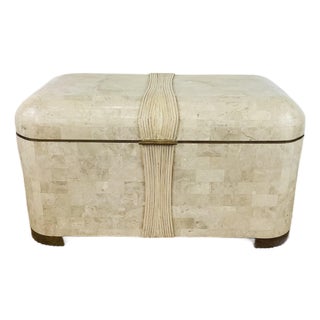 Vintage 1980s Cream Tessellated Stone & Rattan Reed and Brass Lidded Trunk Chest Table by Maitland Smith For Sale