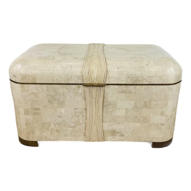 Vintage 1980s Cream Tessellated Stone & Rattan Reed and Brass Lidded Trunk Chest Table by Maitland Smith For Sale