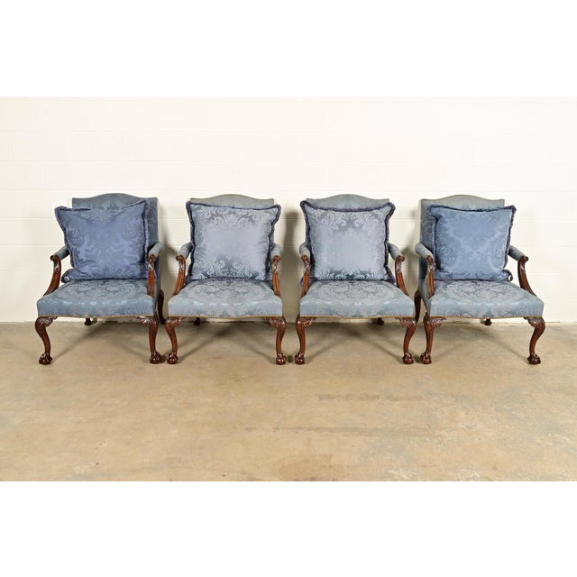 English Kittinger Chippendale Carved Mahogany Open Arm Library Chairs | Set of Four For Sale - Image 3 of 18