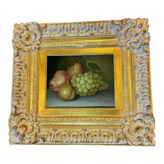 Vintage European-Style Still Life Oil Painting of Fruit, Signed “Therese”, C. 1983, Gilt Frame For Sale