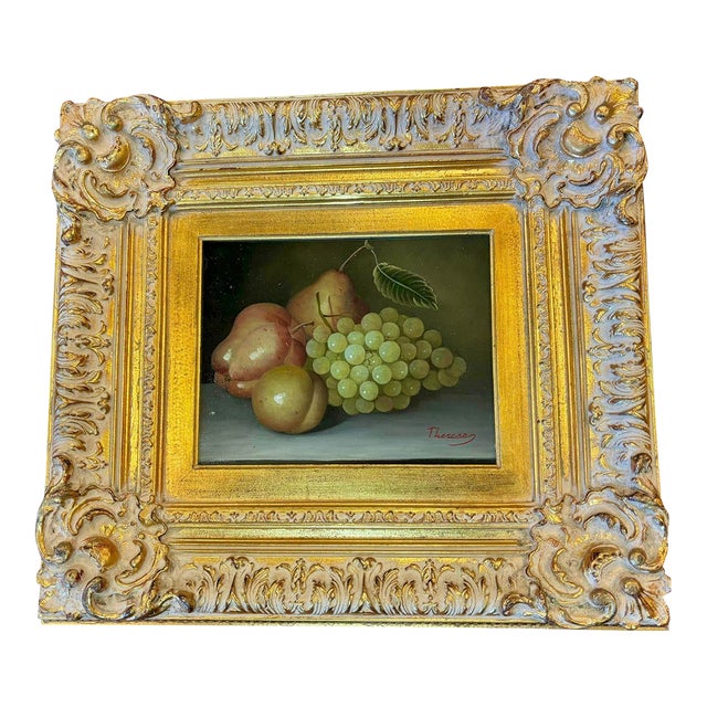 Vintage European-Style Still Life Oil Painting of Fruit, Signed “Therese”, C. 1983, Gilt Frame For Sale