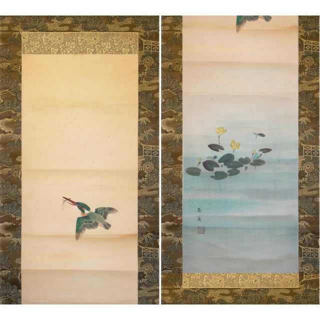 Lovely antique or vintage Japanese silk scroll painting "Kingfisher" by Nankei. The signature and seal read “Nankei.”...