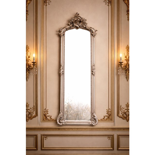 Late 20c Rococo Silver Wood Floor Mirrors by Artisans - Pair- 2 Pc For Sale - Image 16 of 18