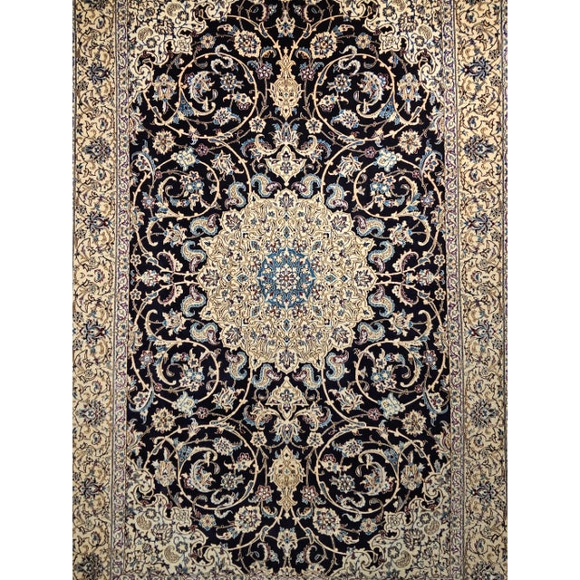 Late 20th Century Vintage Persian Nain Habibian Rug, Handwoven Floral Pattern With Silk Highlights, Navy & Blue. 5’ X 8’ For Sale - Image 5 of 12