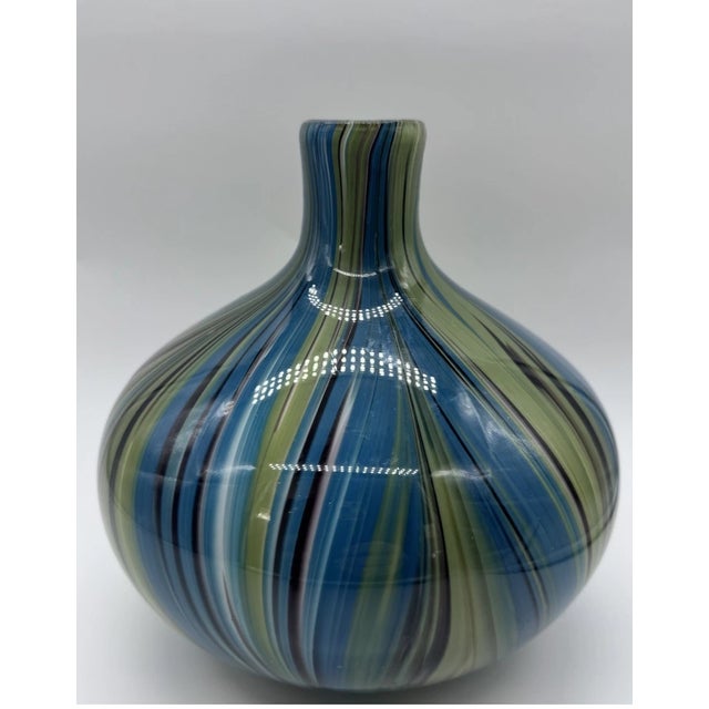 1990s Vintage Murano Style Swirl Blue Green Black Hand Blown Vase For Sale - Image 5 of 6
