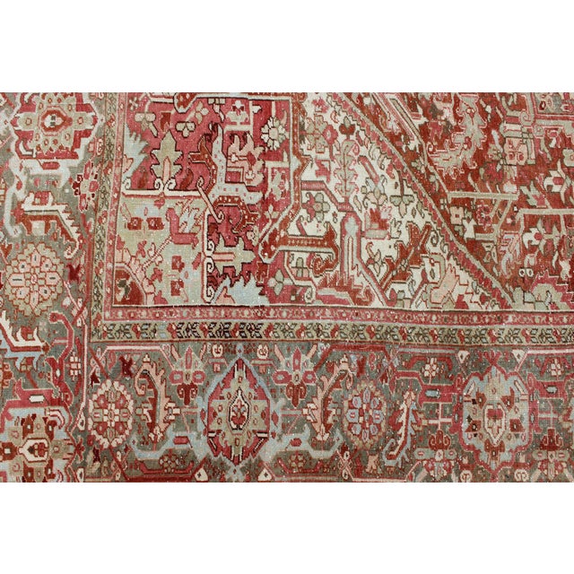 Gray Green, Taupe Border, Soft Red Heriz With Geometric Medallion 11'6 X 14'5 For Sale - Image 12 of 16