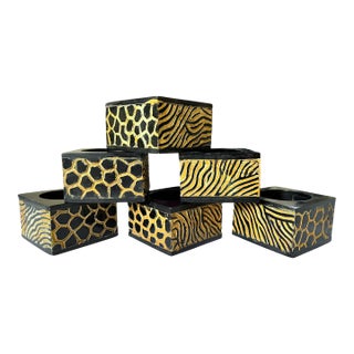 1990s Hand-Carved Wooden Safari Napkin Rings With Zebra & Giraffe Motifs - Set of 6 For Sale