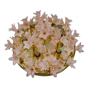 Italian 6-Light Flush Mount in Brass with Light Pastel Pink Murano Glass Flowers, 1970s