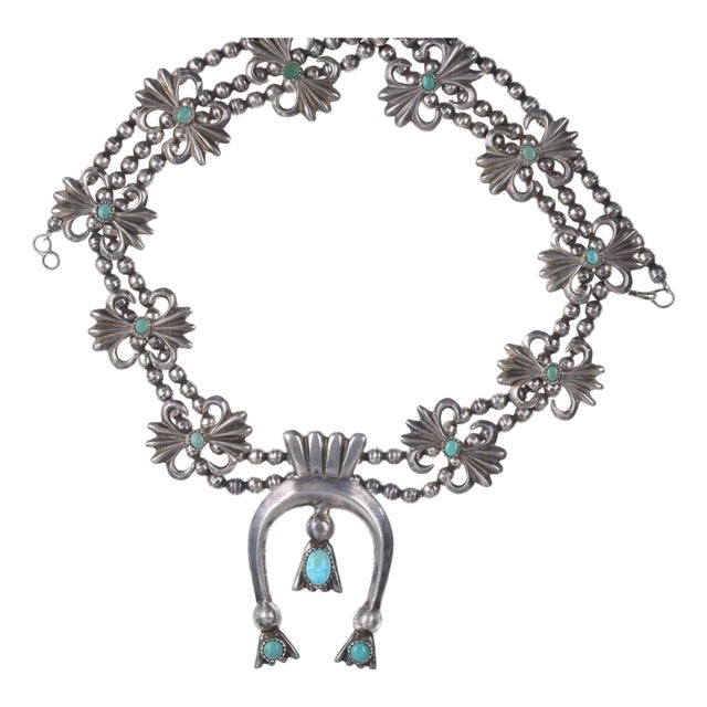Vintage Navajo Silver Tufa Cast Squash Blossom Necklace With Turquoise For Sale