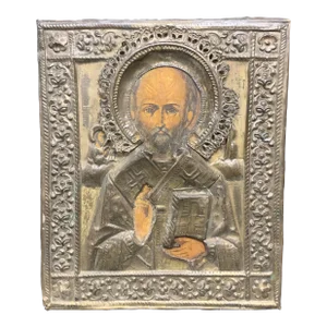 19th Century Greek Art Wooden Painted Icon of Saint Nicholas With Metal