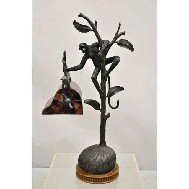 Late 20th Century Maitland Smith Figural Bronze Monkey Desk Table Lamp Adjustable Pen Shell Shade For Sale - Image 4 of 12