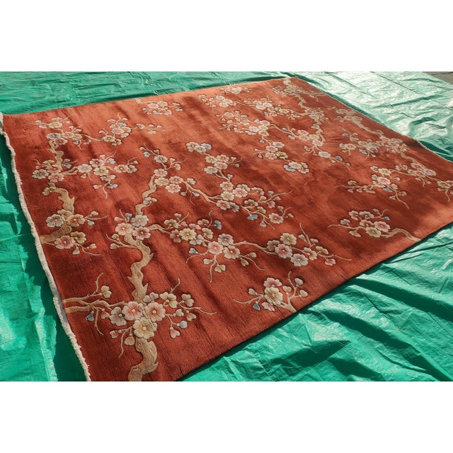 Textile 1930s Red Floral Modern Antique Chinese Art Deco Rug 8' X 10'2" Handknotted Wool Carpet For Sale - Image 7 of 14