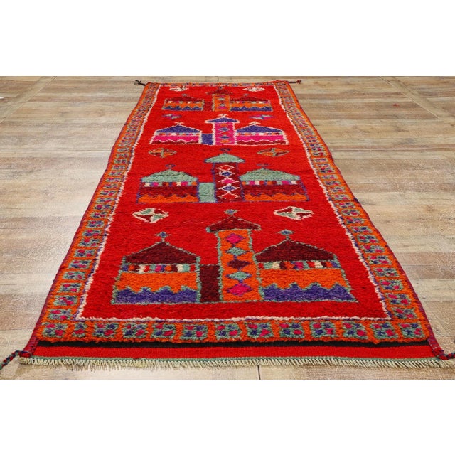 Red Vintage Red Kurdish Mosque Pictorial Rug - 03'05 X 10'09 For Sale - Image 8 of 9