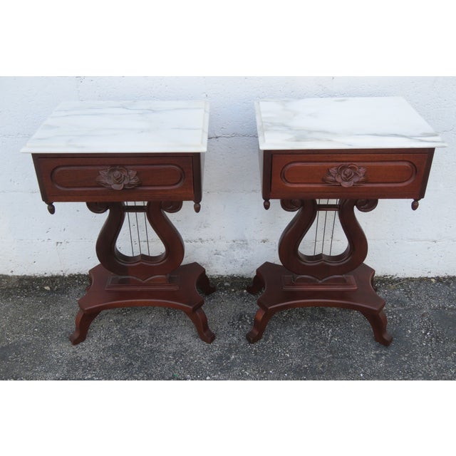 Brown Mid 20th Century Victorian Style Marble Top Harp Design Side End Tables Nightstands a Pair For Sale - Image 8 of 18