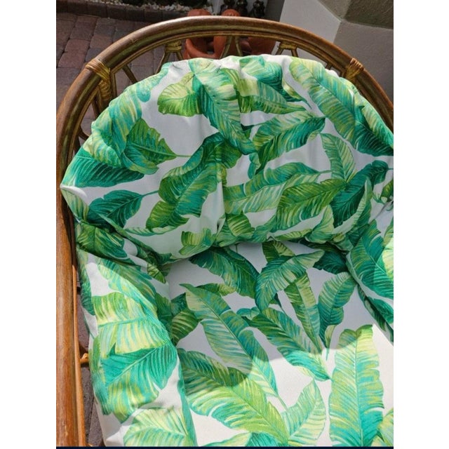 Coastal Pair Bamboo Arm Chairs in Tropical Banana Leaves Upholstery For Sale - Image 3 of 4