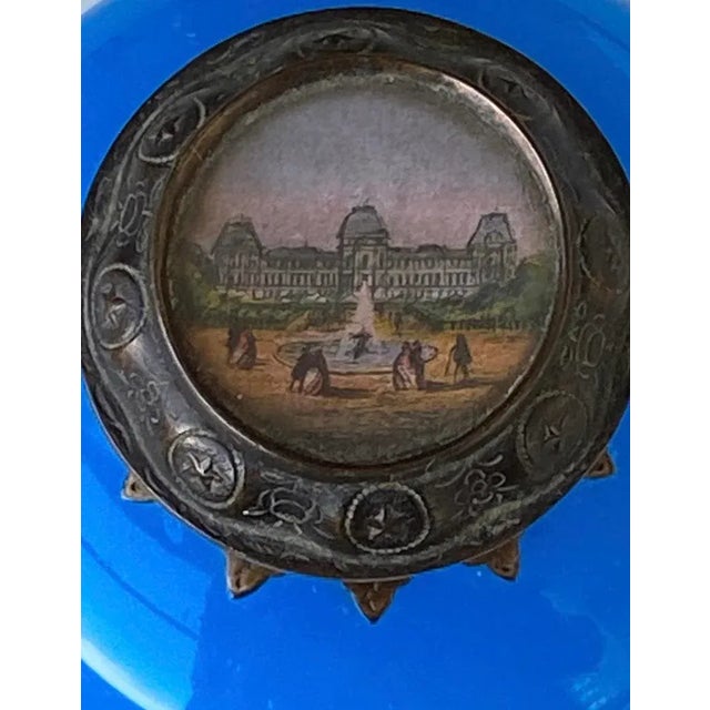 Late 19th Century Antique French Blue Opaline Perfume Scent Bottle With Miniature Louvre Painting, Circa 1850, Perfume Museum For Sale - Image 5 of 11