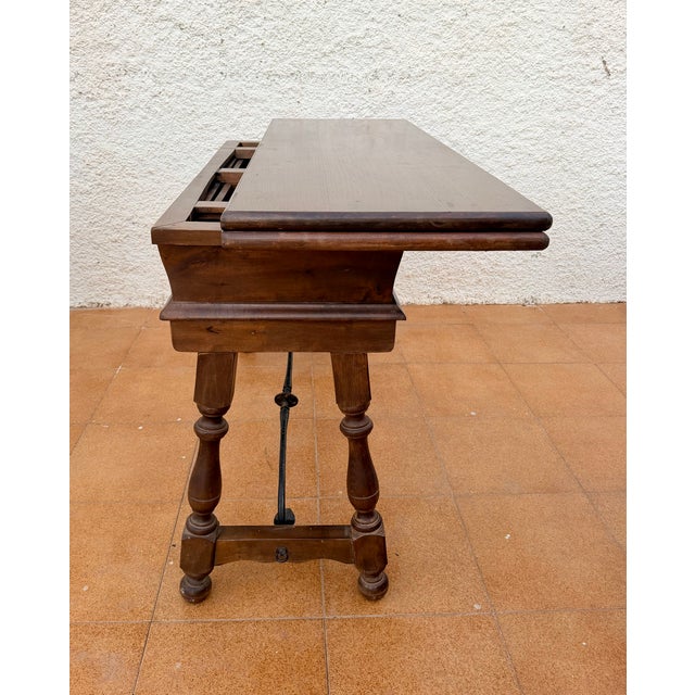 Wood 1940s Spanish Carved Wood Drop-Leaf Table With Iron Stretcher For Sale - Image 7 of 12