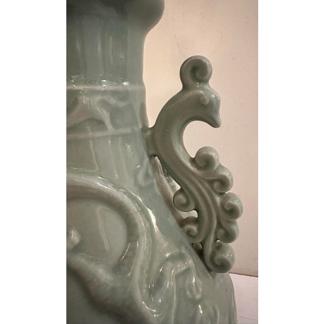 Chinoiserie Vintage Celadon Table Lamp With Dragon and Bird Motifs For Sale - Image 3 of 11