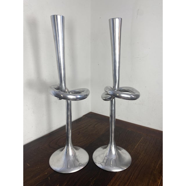 Brutalist Large Knot-Shaped Aluminum Candlesticks, Italy, 1970, Set of 2 For Sale - Image 3 of 17