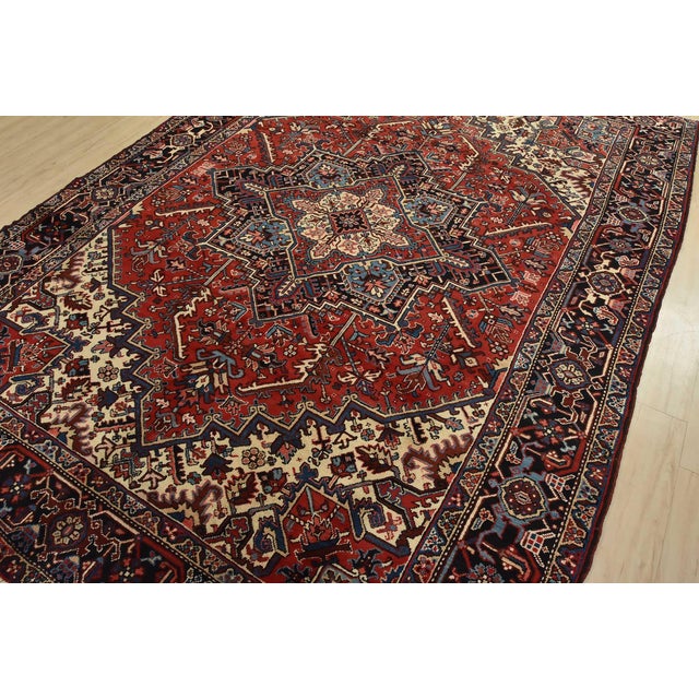 Farmhouse Heriz Rug 7’11” X 11′ Red Wool Vintage Traditional Hand-Knotted Carpet For Sale - Image 3 of 15