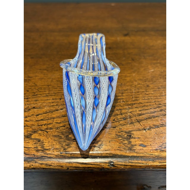 Mid 20th Century Mid-20th Century Italian Murano Glass Slipper With Blue and White Zanfirico Ribbon Filigree For Sale - Image 5 of 11
